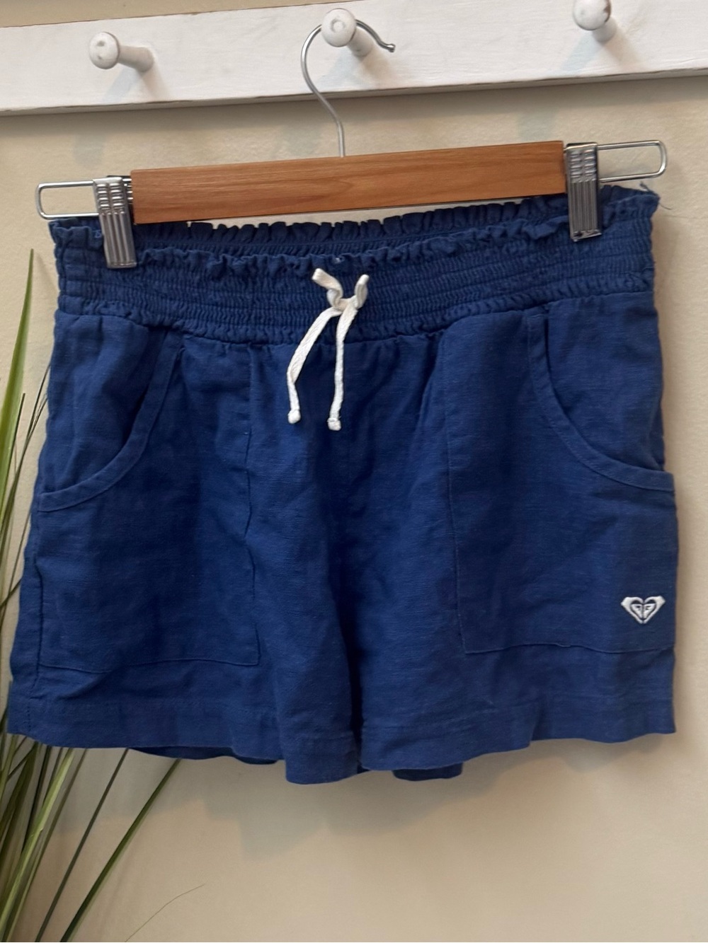 Roxy Girl Navy Blue White Linen Shorts Size 14 💎EUC 13”-18” stretchy waist